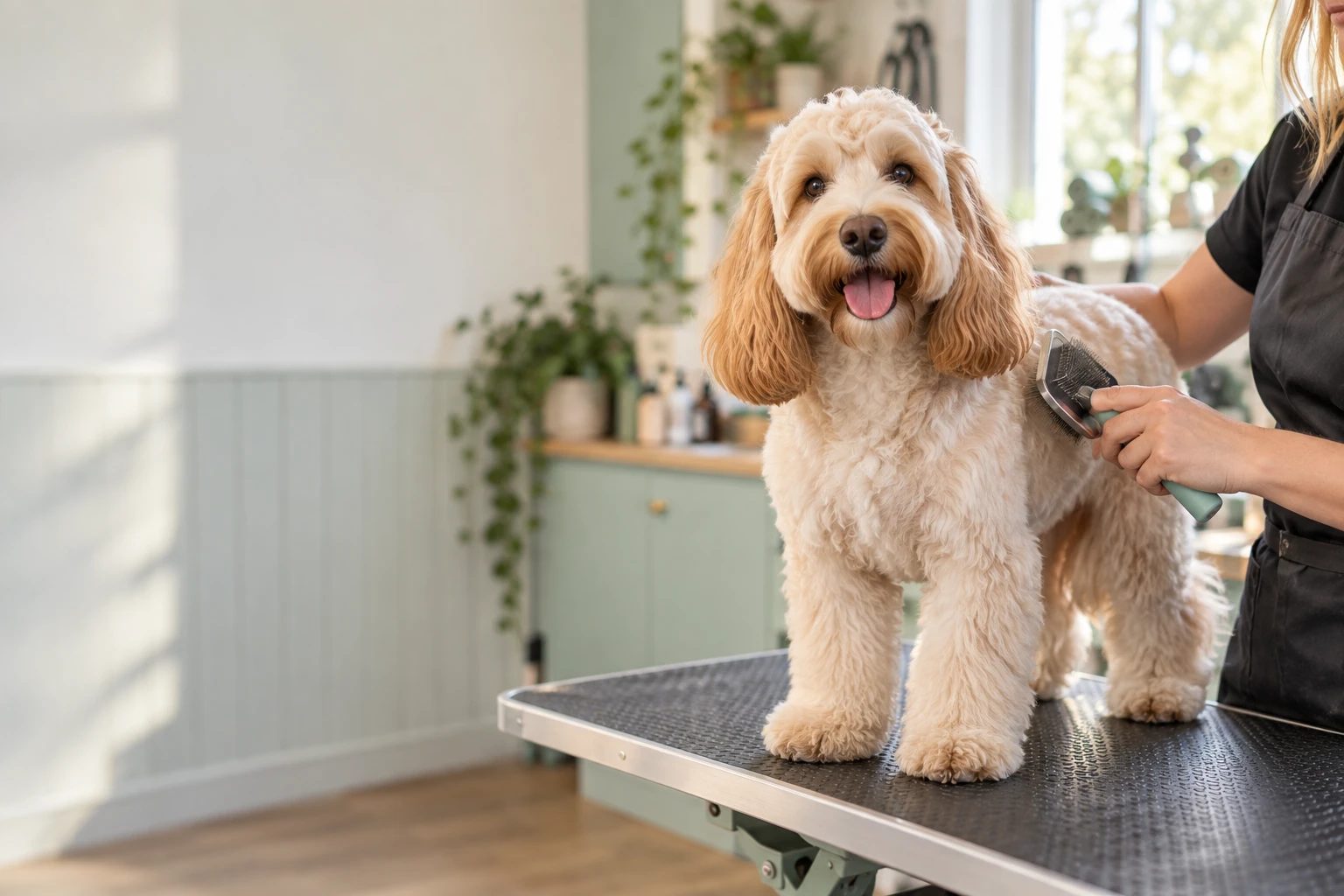 A freshly groomed cockapoo on a grooming table